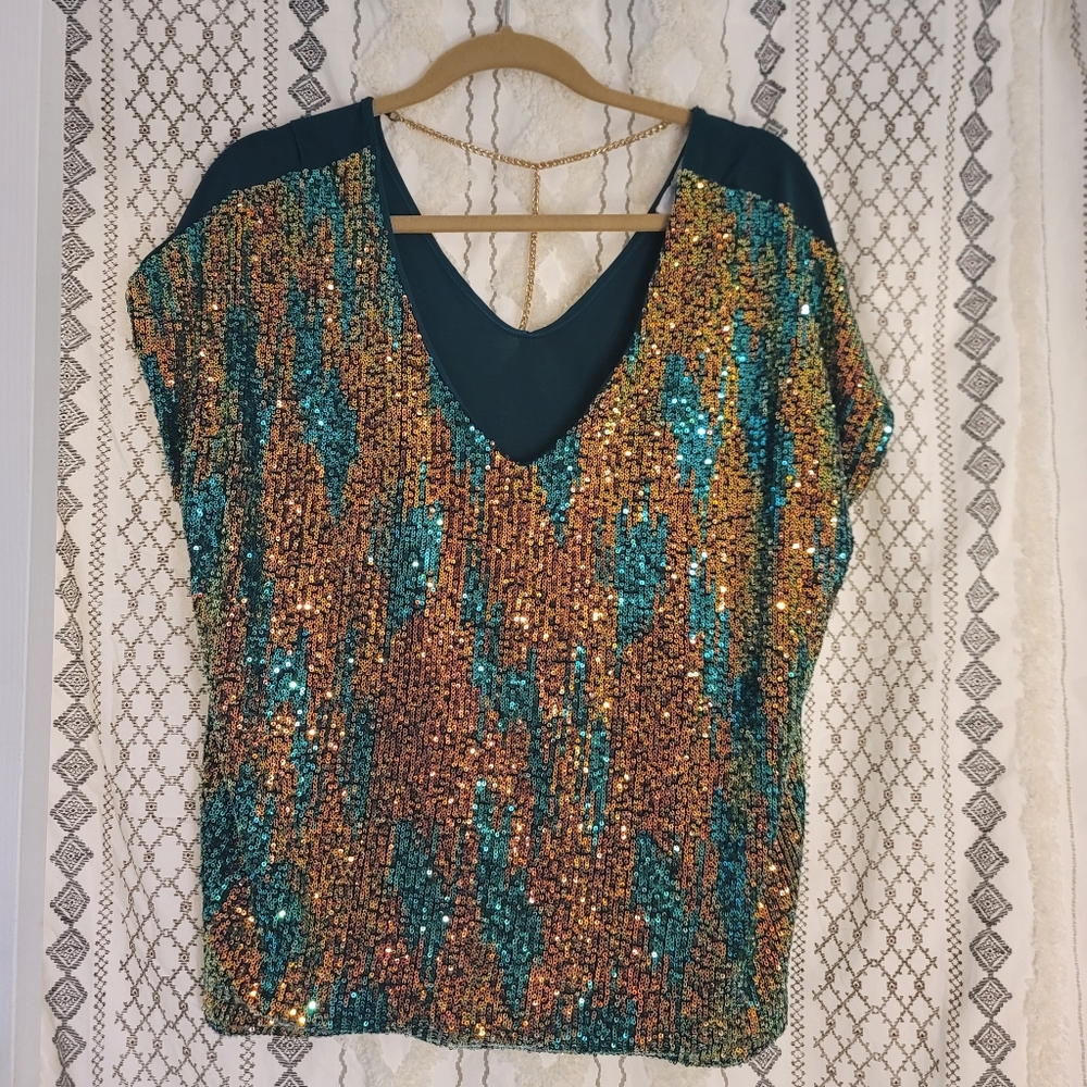 Sequin Embellished Green & Gold Top